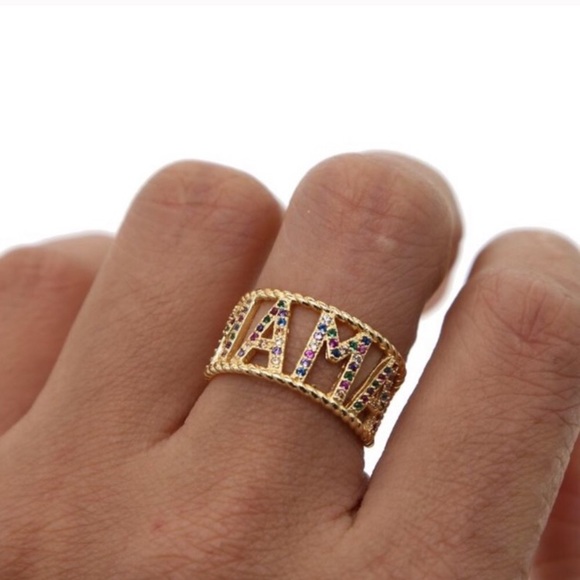 Gold Pave Rainbow Letter Ring - Picture 9 of 10